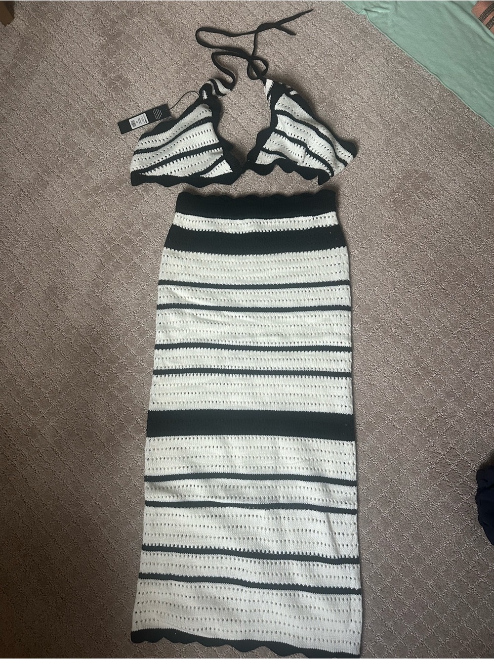 Fashion Nova Black & White Striped Crochet Two-Piece Maxi Set